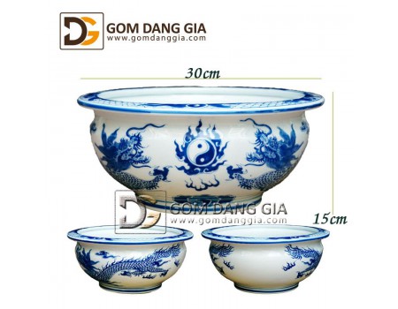 Bát hương lựu Bát Tràng men lam lưỡng long chầu nguyệt phi 30cm Bát hương lựu Bát Tràng men lam lưỡng long chầu nguyệt phi 30cm